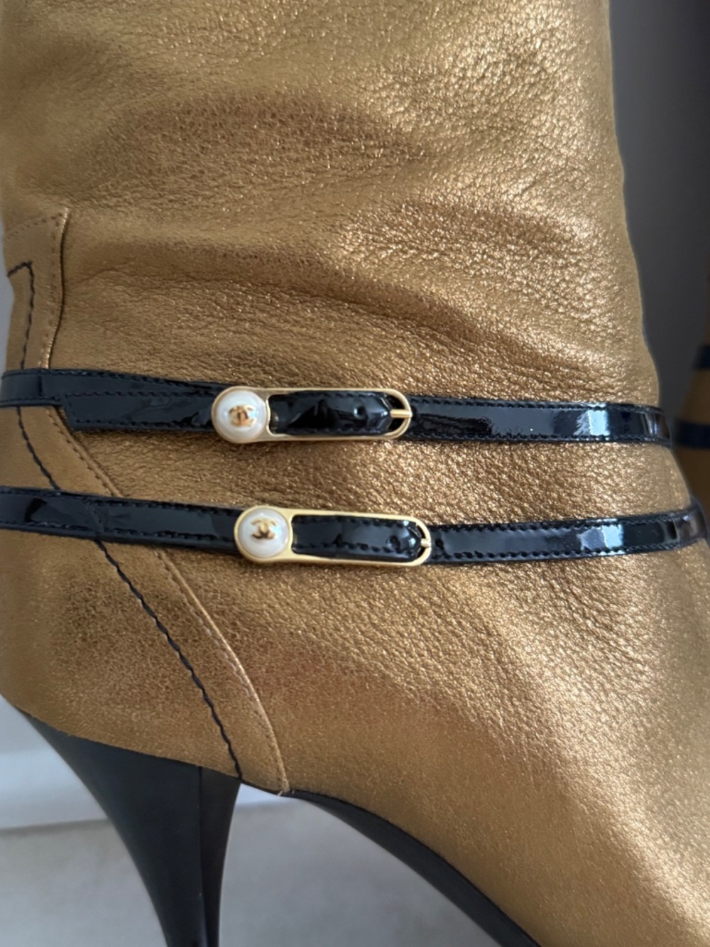 Vintage CHANEL Gold Leather CC Pearl Boots | Euro 39.5 - Picture 2 of 10